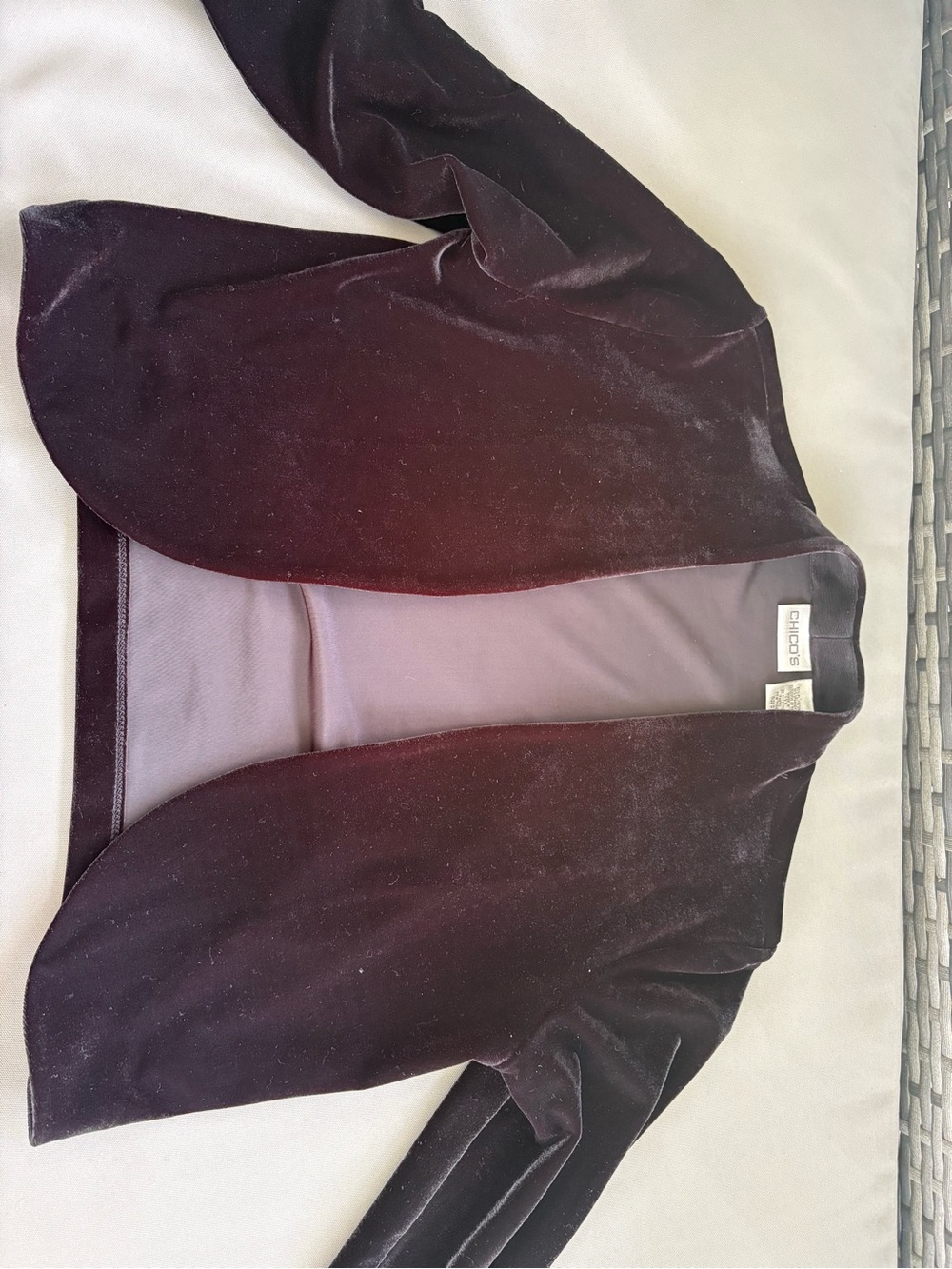 Chico's Velvet Open Front Jacket in Deep Plum